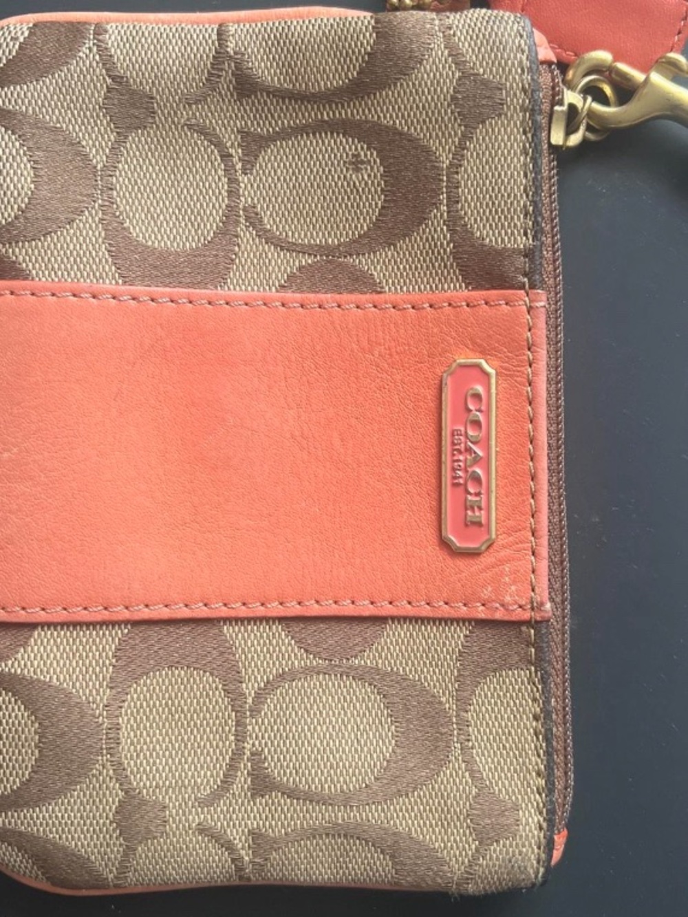 Coach Signature Canvas Wristlet with Coral Leather Trim